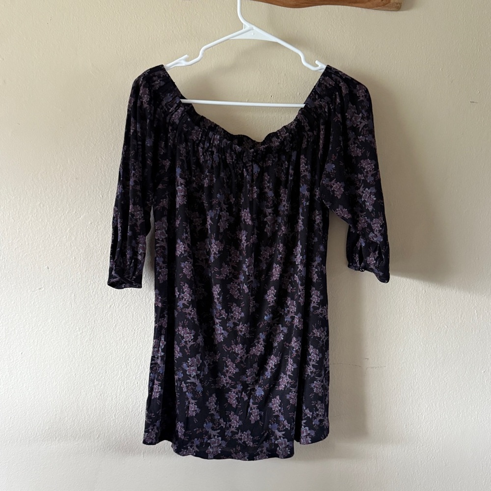 Anthropologie Deletta Black Purple Floral Smocked Off The Shoulder Top Size XS
